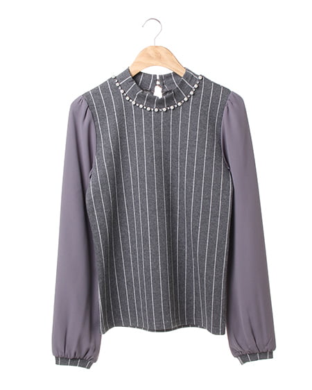 ストライプ異素材ハイネック TOPS