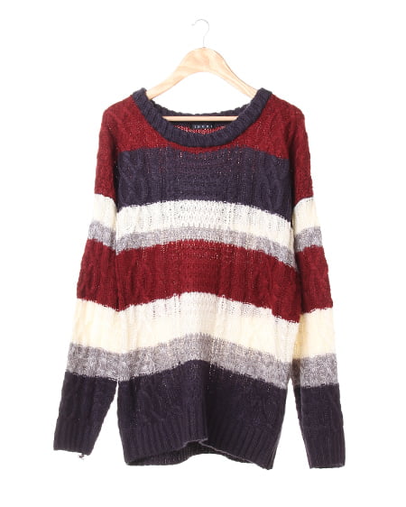 INGNI(イング) 4Cボーダーケーブル／ニット ボルドー