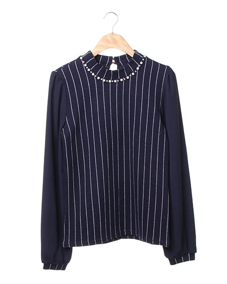ストライプ異素材ハイネックネックTOPS
