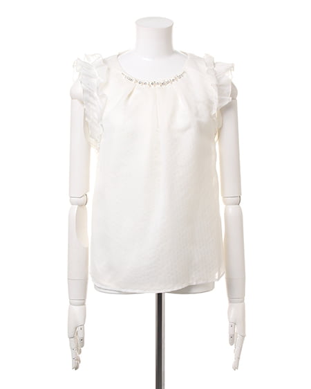 INGNI（イング） 袖フリルシアーストライプT／ブラウス ｵﾌﾎﾜｲﾄ