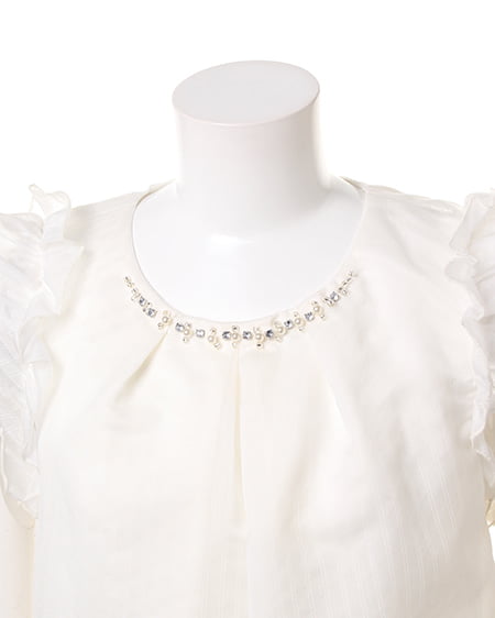 INGNI（イング） 袖フリルシアーストライプT／ブラウス ｵﾌﾎﾜｲﾄ