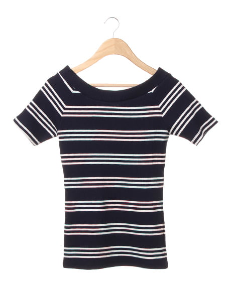 INGNI(イング) イレギュラーボーダーボート／V半袖 ｺﾝ/ｵﾌﾎﾜｲﾄ