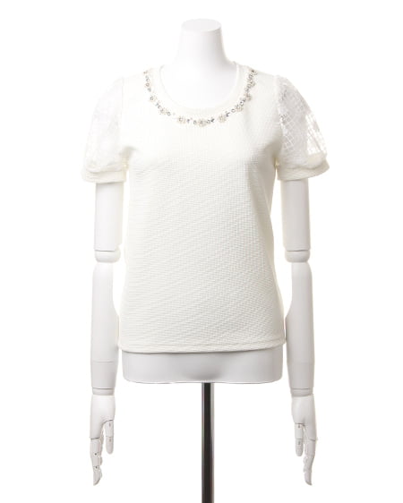 INGNI（イング） 袖シアー花／TOPS ｵﾌﾎﾜｲﾄ