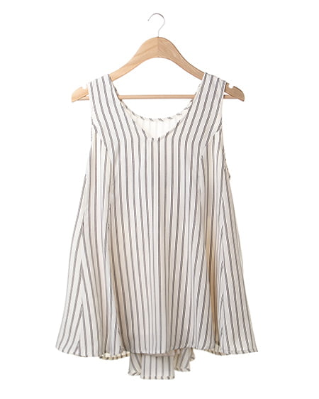 INGNI(イング) BACKリボンストライプノースリ／TOPS ｵﾌﾎﾜｲﾄ/ｸﾛ