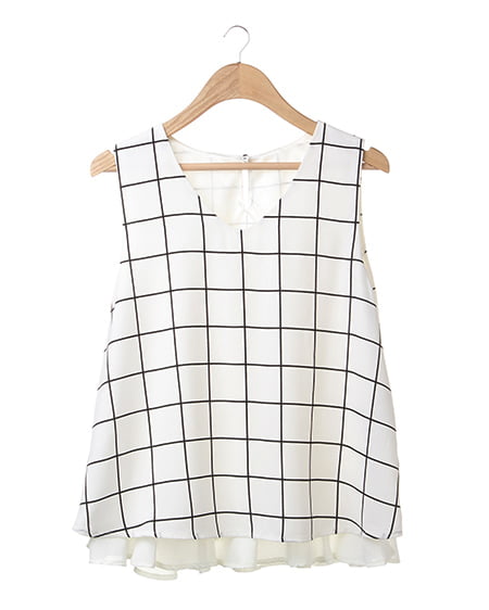 INGNI(イング) ストライプノースリ／TOPS ｵﾌﾎﾜｲﾄ/ﾁｪｯｸ