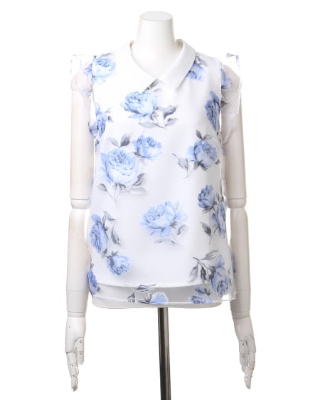 INGNI（イング） 衿付花柄オーガンジーTシャツ／ブラウス ｵﾌﾎﾜｲﾄ/ﾌﾞﾙｰ