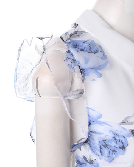 INGNI（イング） 衿付花柄オーガンジーTシャツ／ブラウス ｵﾌﾎﾜｲﾄ/ﾌﾞﾙｰ