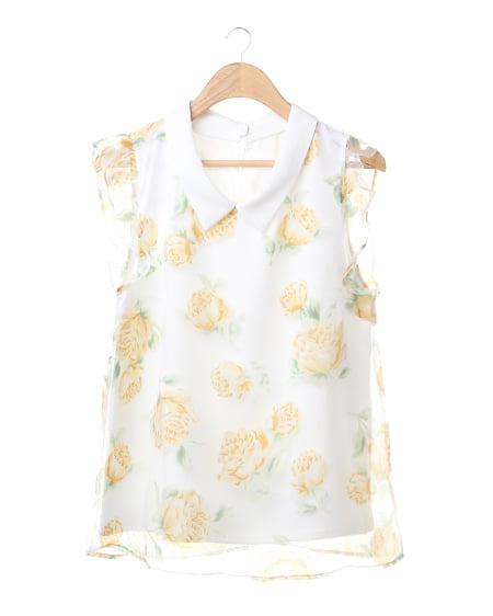 INGNI(イング) 衿付花柄オーガンジーTシャツ／ブラウス ｵﾌﾎﾜｲﾄ/ｲｴﾛｰ