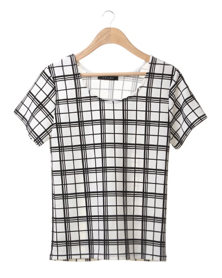 INGNI(イング) チェック柄変わり織／Tシャツ ｵﾌﾎﾜｲﾄ/ｸﾛ