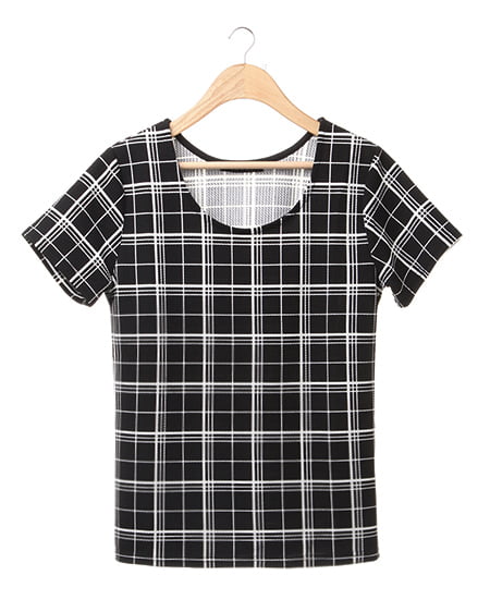 INGNI(イング) チェック柄変わり織／Tシャツ ｸﾛ/ｵﾌﾎﾜｲﾄ