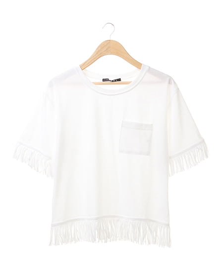 INGNI(イング) 袖裾フリンジ／Tシャツ ｵﾌﾎﾜｲﾄ