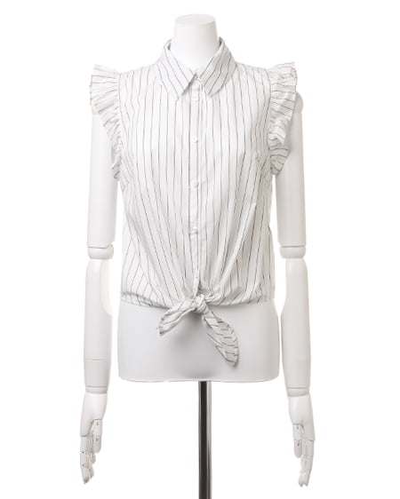 INGNI（イング） 袖フリル前結びストライプ／シャツ ｵﾌﾎﾜｲﾄ/ｸﾛ