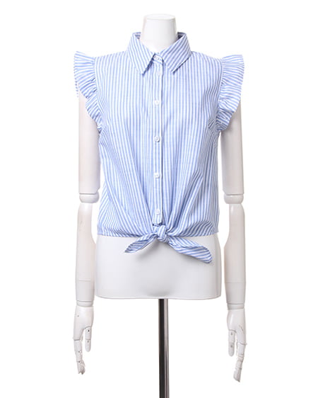 INGNI（イング） 袖フリル前結びストライプ／シャツ ｵﾌﾎﾜｲﾄ/ｻｯｸｽ