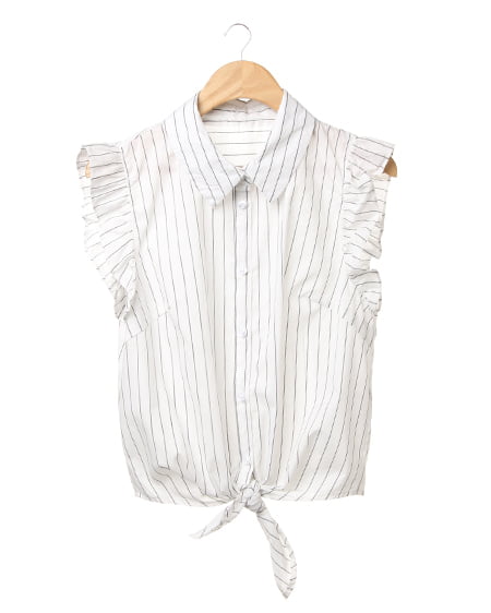 INGNI(イング) 袖フリル前結びストライプ／シャツ ｵﾌﾎﾜｲﾄ/ｸﾛ