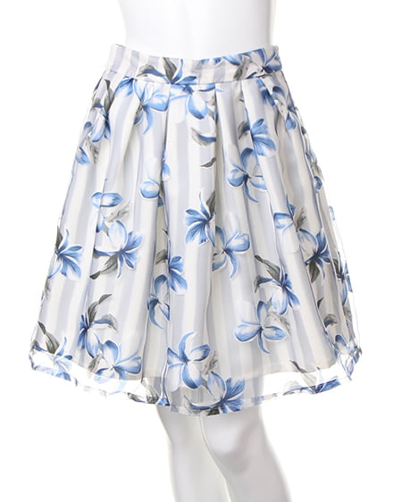 INGNI（イング） ストライプ花柄オーガンジー／スカート ｵﾌﾎﾜｲﾄ/ﾌﾞﾙｰ