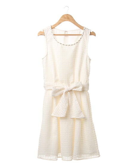 INGNI(イング) サッシュ付シアーギンガムF＆F／ワンピース ｵﾌﾎﾜｲﾄ