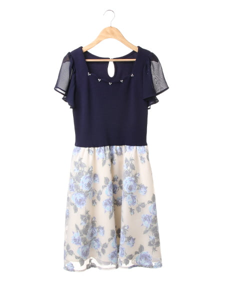 INGNI(イング) オパール花柄スカートドッキング／ワンピース ｺﾝ/ﾌﾞﾙｰ