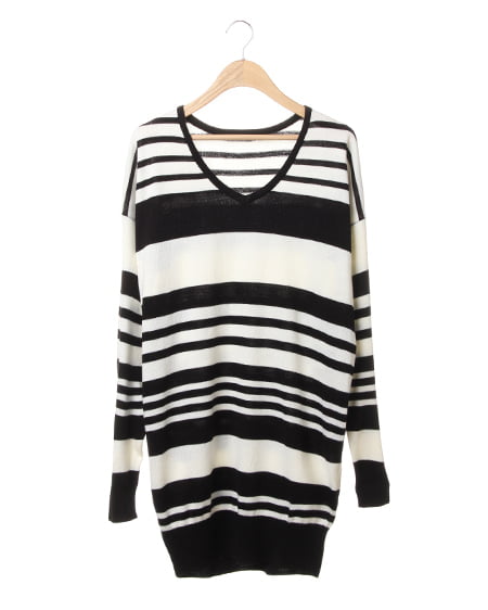 INGNI(イング) イレギュラーボーダー／チュニック ｸﾛ/ｵﾌﾎﾜｲﾄ