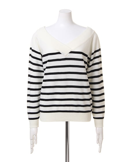 INGNI（イング） カシミヤタッチナヴァルボーダーVネック ｵﾌﾎﾜｲﾄ/ｸﾛ