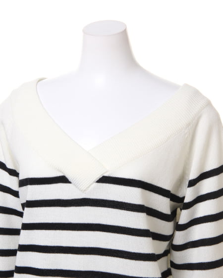 INGNI（イング） カシミヤタッチナヴァルボーダーVネック ｵﾌﾎﾜｲﾄ/ｸﾛ