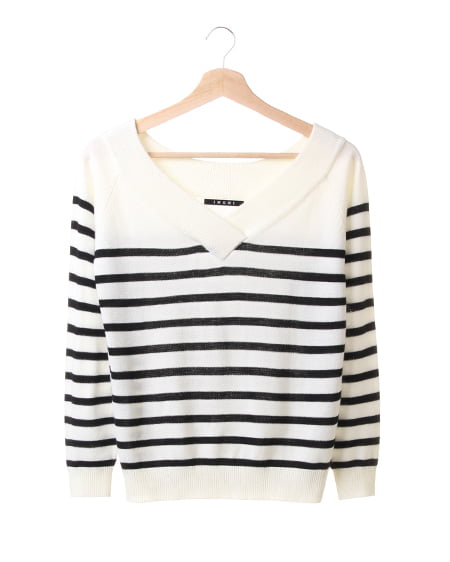 INGNI(イング) カシミヤタッチナヴァルボーダーVネック ｵﾌﾎﾜｲﾄ/ｸﾛ