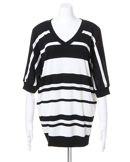 INGNI（イング） フライスイレギュラーボーダー／ドルマン 7分袖 ｸﾛ/ｵﾌﾎﾜｲﾄ