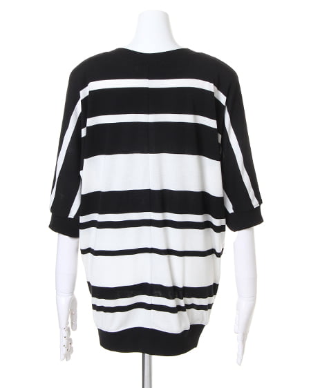 INGNI（イング） フライスイレギュラーボーダー／ドルマン 7分袖 ｸﾛ/ｵﾌﾎﾜｲﾄ