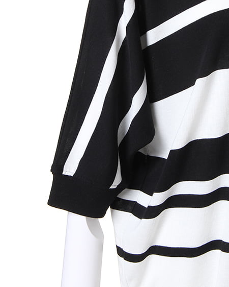 INGNI（イング） フライスイレギュラーボーダー／ドルマン 7分袖 ｸﾛ/ｵﾌﾎﾜｲﾄ