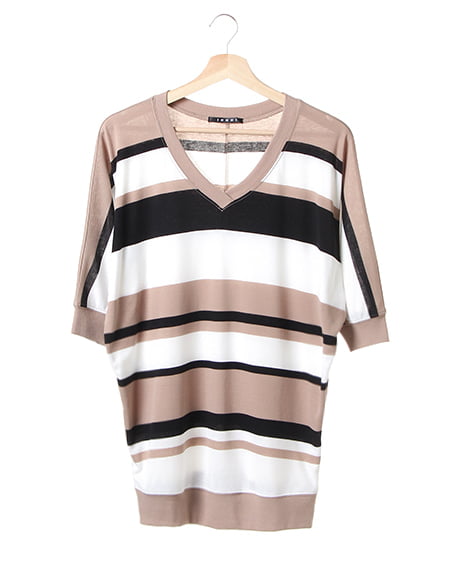 INGNI(イング) フライスイレギュラーボーダー／ドルマン 7分袖 ｵﾌﾎﾜｲﾄ/ﾍﾞｰｼﾞｭ