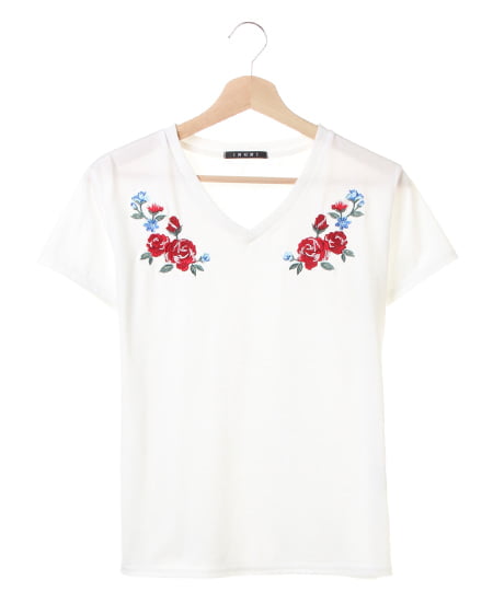 花柄刺しゅうVネック／TシャツA