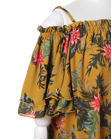 INGNI（イング） リーフ柄JZオフショル／TOPS ﾏｽﾀｰﾄﾞ