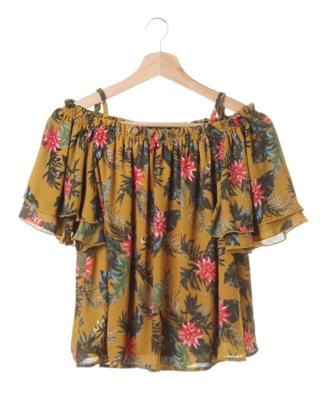 INGNI(イング) リーフ柄JZオフショル／TOPS ﾏｽﾀｰﾄﾞ