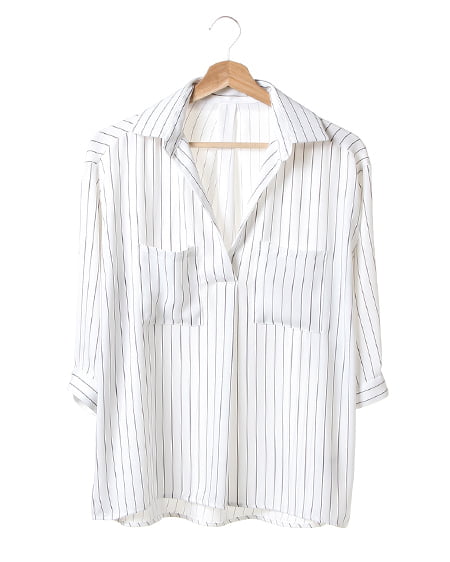 INGNI(イング) 両ポケ付トロミスキッパー7分袖／シャツ ｵﾌｸﾛ/ｽﾄﾗｲﾌﾟ