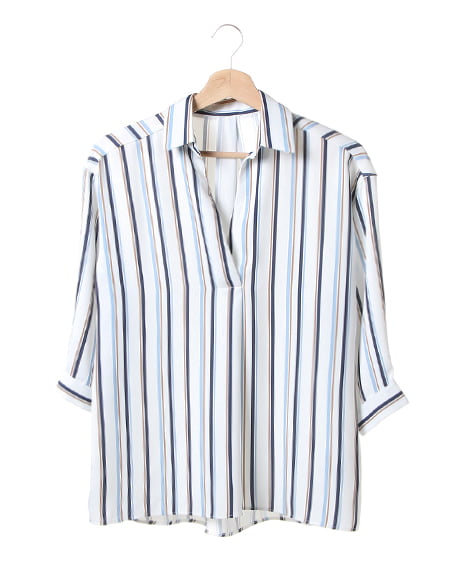 kilig ストール ストライプパターン クロップドシャツ 7分袖マルチストライプ柄スキッパー／シャツ｜INGNI(イング