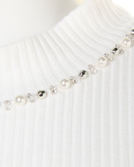 INGNI（イング） カバーリングリブ 装飾付ハイネック5分袖／TOPS ｵﾌﾎﾜｲﾄ