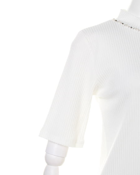 INGNI（イング） カバーリングリブ 装飾付ハイネック5分袖／TOPS ｵﾌﾎﾜｲﾄ