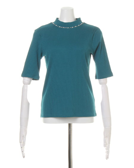 INGNI（イング） カバーリングリブ 装飾付ハイネック5分袖／TOPS ﾀｰｺｲｽﾞｸﾞﾘｰﾝ