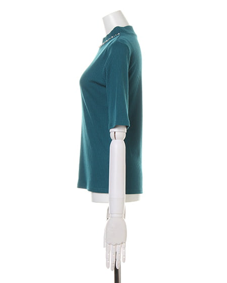 INGNI（イング） カバーリングリブ 装飾付ハイネック5分袖／TOPS ﾀｰｺｲｽﾞｸﾞﾘｰﾝ