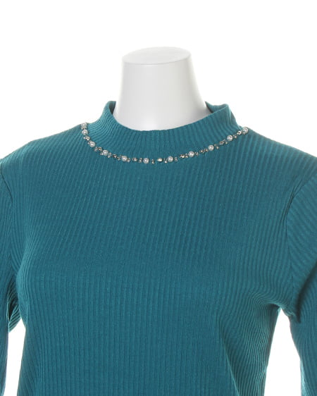 INGNI（イング） カバーリングリブ 装飾付ハイネック5分袖／TOPS ﾀｰｺｲｽﾞｸﾞﾘｰﾝ