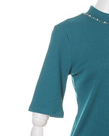 INGNI（イング） カバーリングリブ 装飾付ハイネック5分袖／TOPS ﾀｰｺｲｽﾞｸﾞﾘｰﾝ