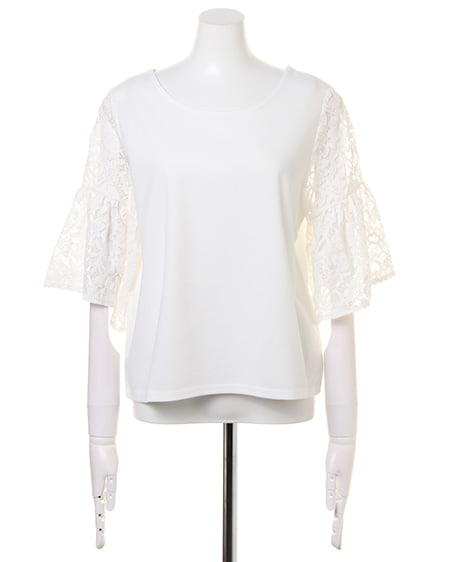 INGNI（イング） 梨地ポンチ袖レースフレアー／TOPS ｵﾌﾎﾜｲﾄ