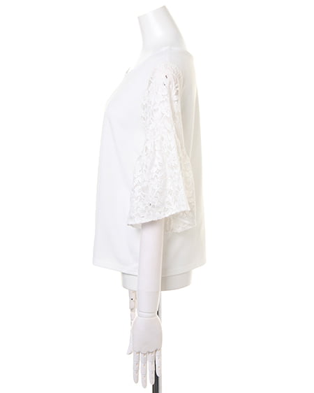 INGNI（イング） 梨地ポンチ袖レースフレアー／TOPS ｵﾌﾎﾜｲﾄ