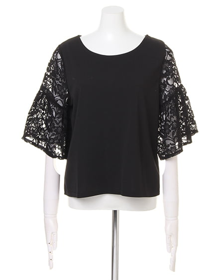 INGNI（イング） 梨地ポンチ袖レースフレアー／TOPS ｸﾛ