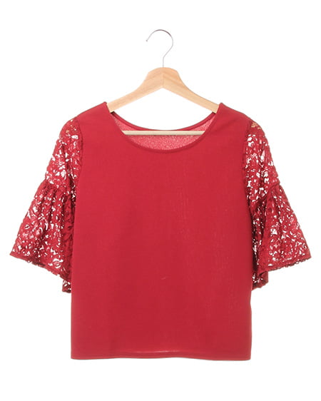 INGNI(イング) 梨地ポンチ袖レースフレアー／TOPS ボルドー