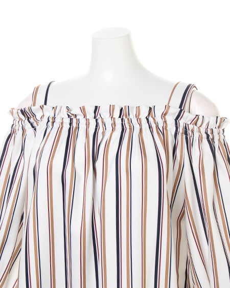 INGNI（イング） マルチストライプ柄シャーリングオフショル ｵﾌﾎﾜｲﾄ