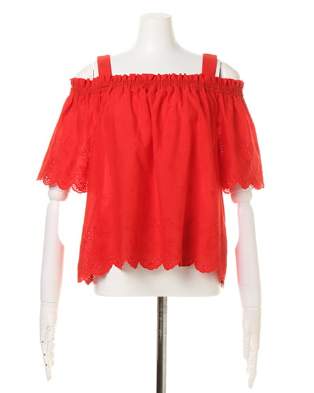 INGNI(イング) 綿レース肩開きオフショル/TOPS アカ