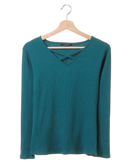 INGNI(イング) リブクロスネック長袖 ﾀｰｺｲｽﾞｸﾞﾘｰﾝ