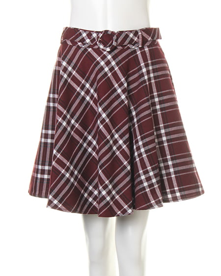 INGNI(イング) チェック柄ベルト付フレア／スカート ボルドー