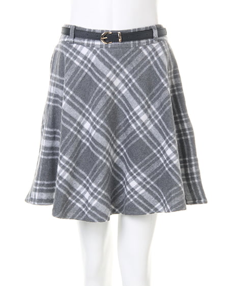 INGNI（イング） ベルト付シャギーチェックフレア／スカート ｸﾞﾚｰ/ｵﾌﾎﾜｲﾄ