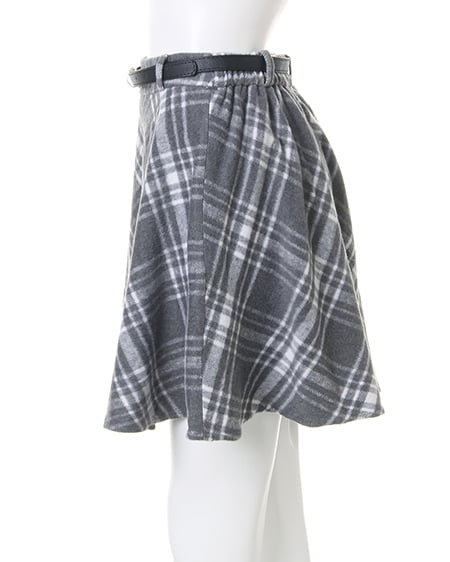 INGNI（イング） ベルト付シャギーチェックフレア／スカート ｸﾞﾚｰ/ｵﾌﾎﾜｲﾄ